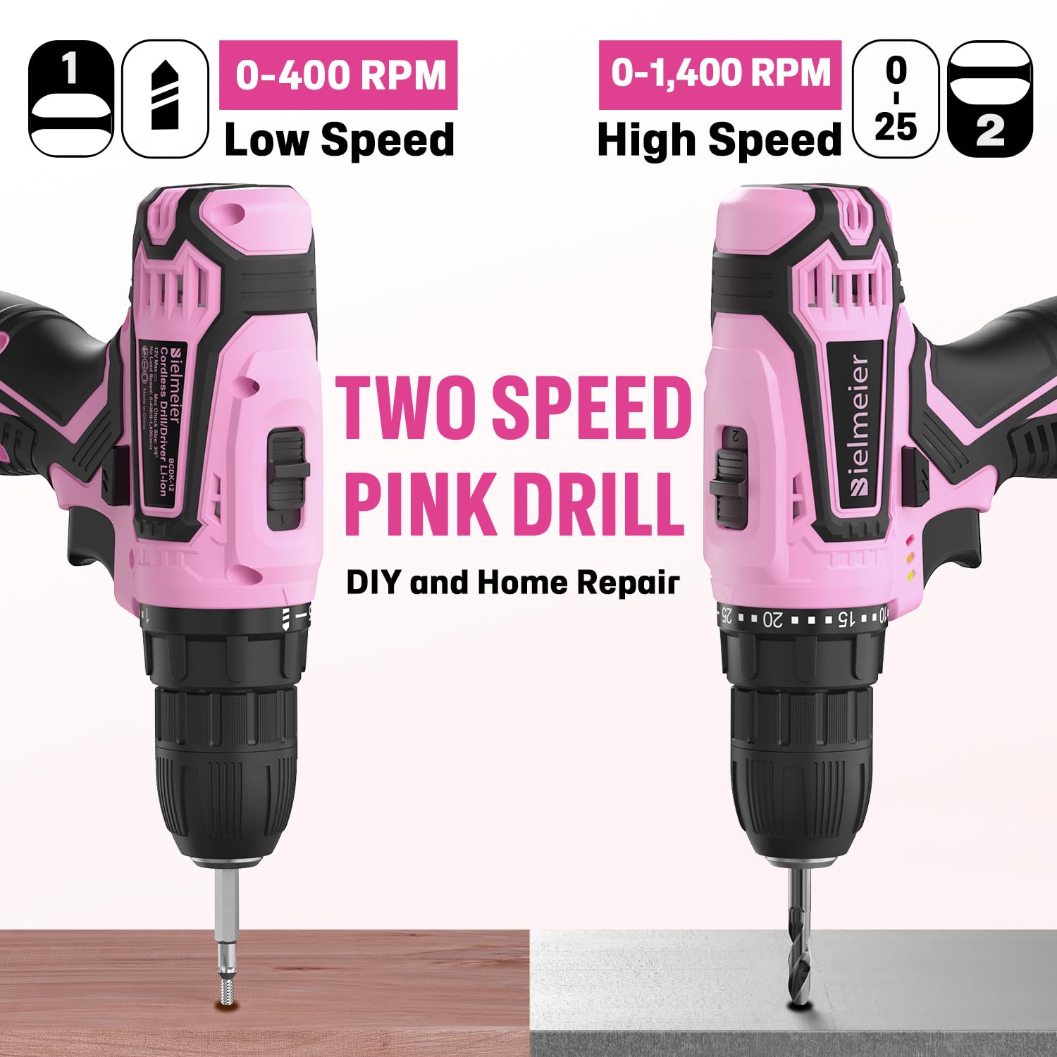 Bielmeier 12V Pink Cordless Drill Set - Essential Women's power drill tool set for Home Projects - Complete Ladies Tool Set with Stylish Pink - WoodArtSupply