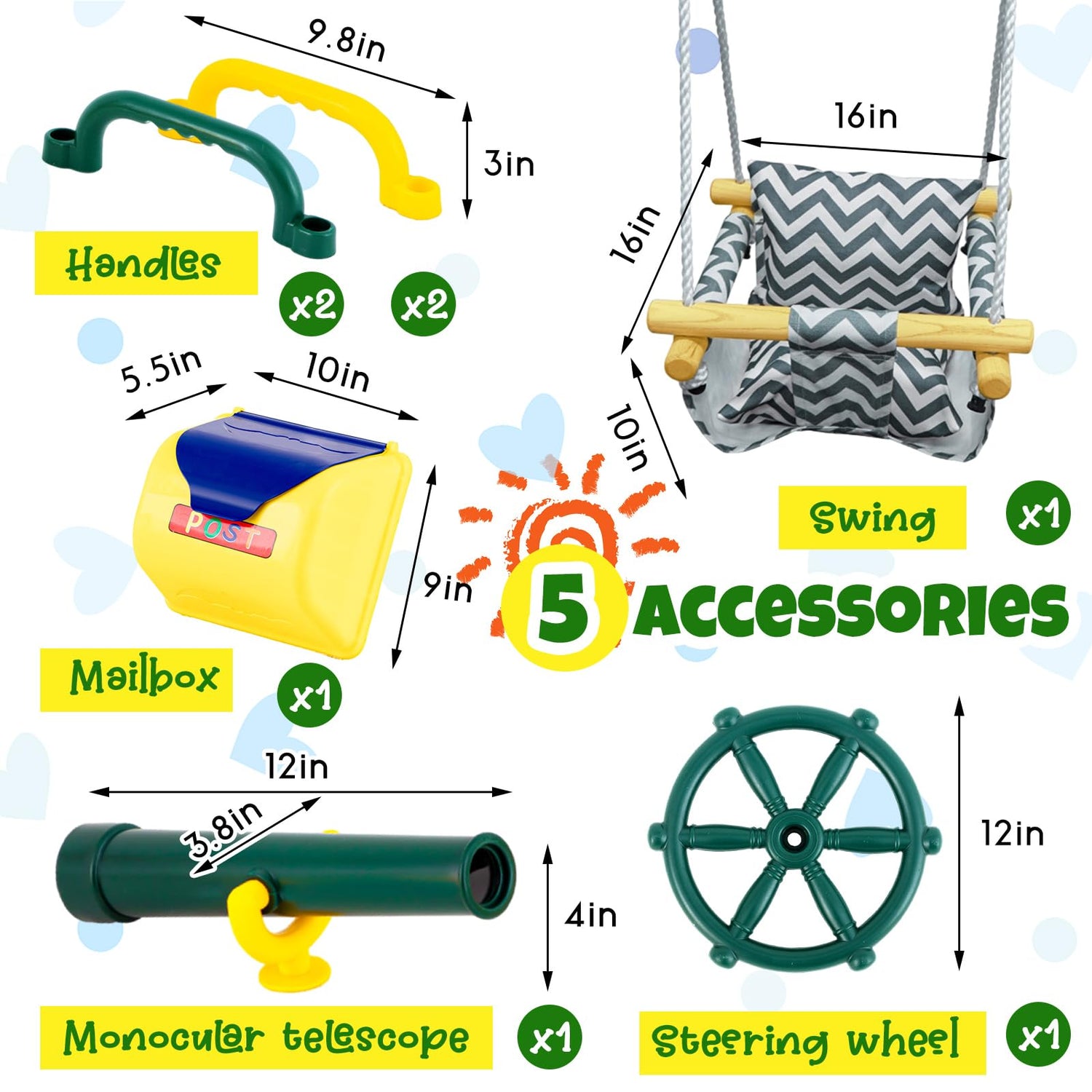 Motionchic 3 in 1 Wooden Swing Set Outdoor Playset Swing Set Kids Playground Playset with Baby Swing Seat, Toddler Slide, Captain's Wheel, Telescope, Motionchic