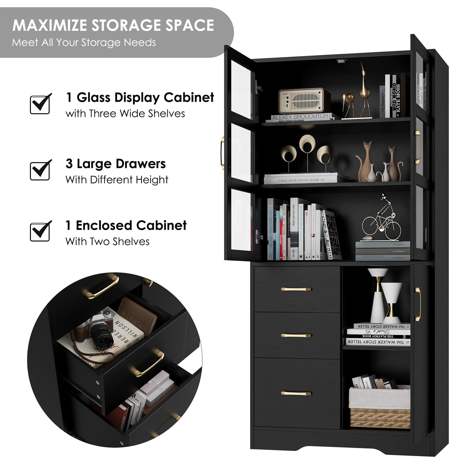 HIFIT Tall Storage Cabinet with 2 Glass Display Door & Shelves & 3 Drawer, 67"H Tall Kitchen Pantry Cabinet with Gold Handles, Modern Linen Cabinet HIFIT