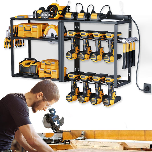 SOYEEZE Power Tool Organizer with Charging Station- Garage 8 Drill Holder Built in 8 Outlet Power Strip (THE DOU) - WoodArtSupply