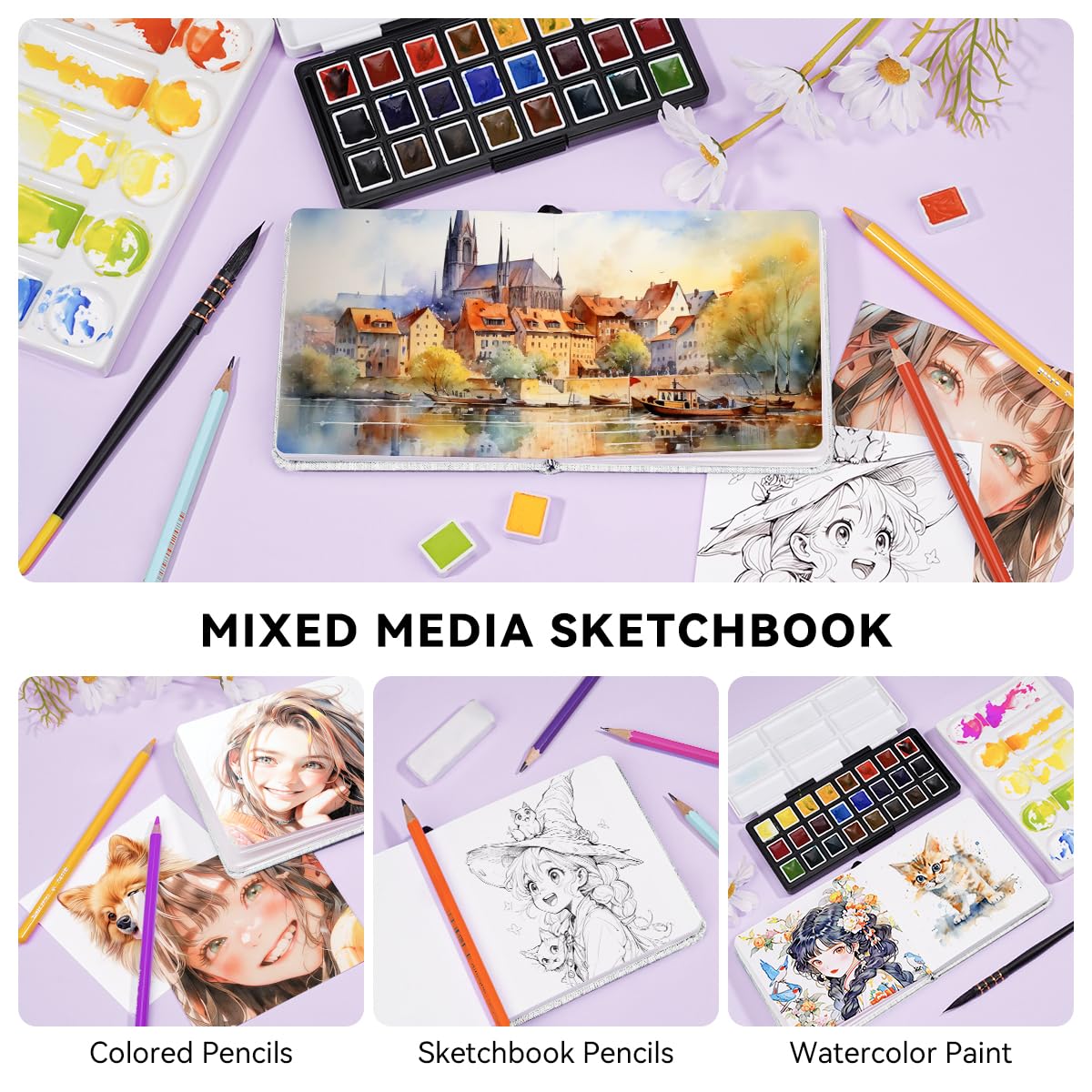 Lightwish Square Watercolor Journal,100% Cotton,300gsm/140lb,Acid-Free,24 Sheets Hot Press Watecolor Paper Sketchbook for Artists Adults Students,4.7 LIGHTWISH