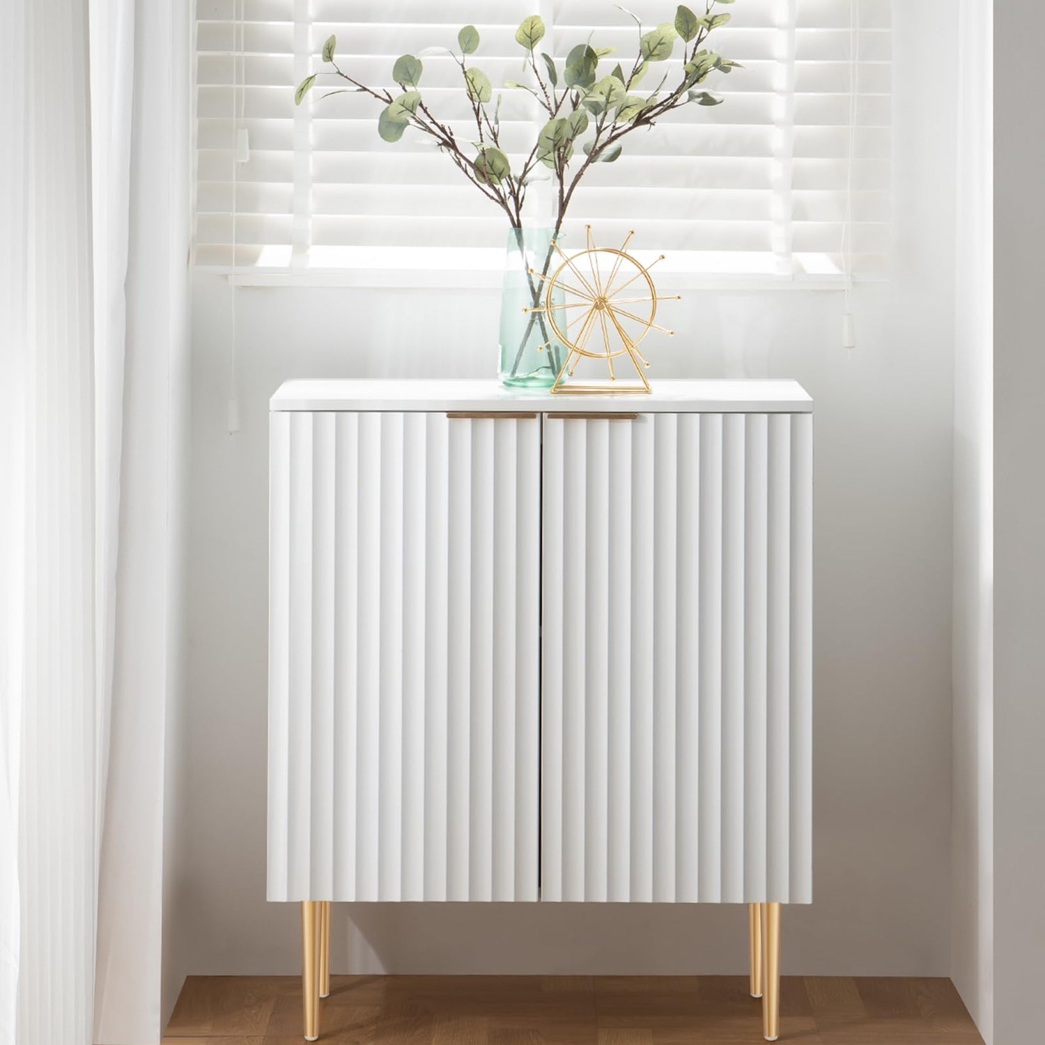 SICOTAS Fluted White Storage Cabinet, Wood Sideboard Buffet Cabinet with Spray-Painted Finish, Multifunctional Console Table with Storage Credenza SICOTAS