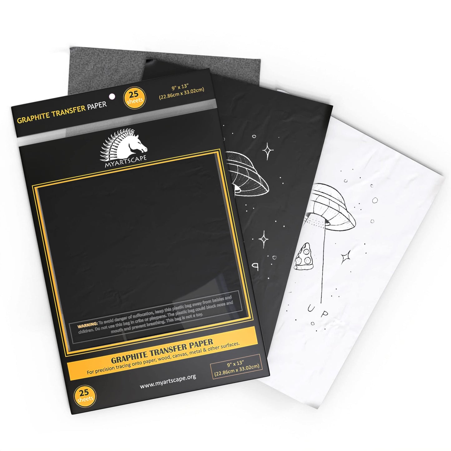 MyArtscape Art Supplies - Artist Quality Graphite Transfer Paper - 9" x 13" - 25 Sheets - Waxed Carbon Paper - with Tracing Paper Pad - 33lb - 9" x - WoodArtSupply