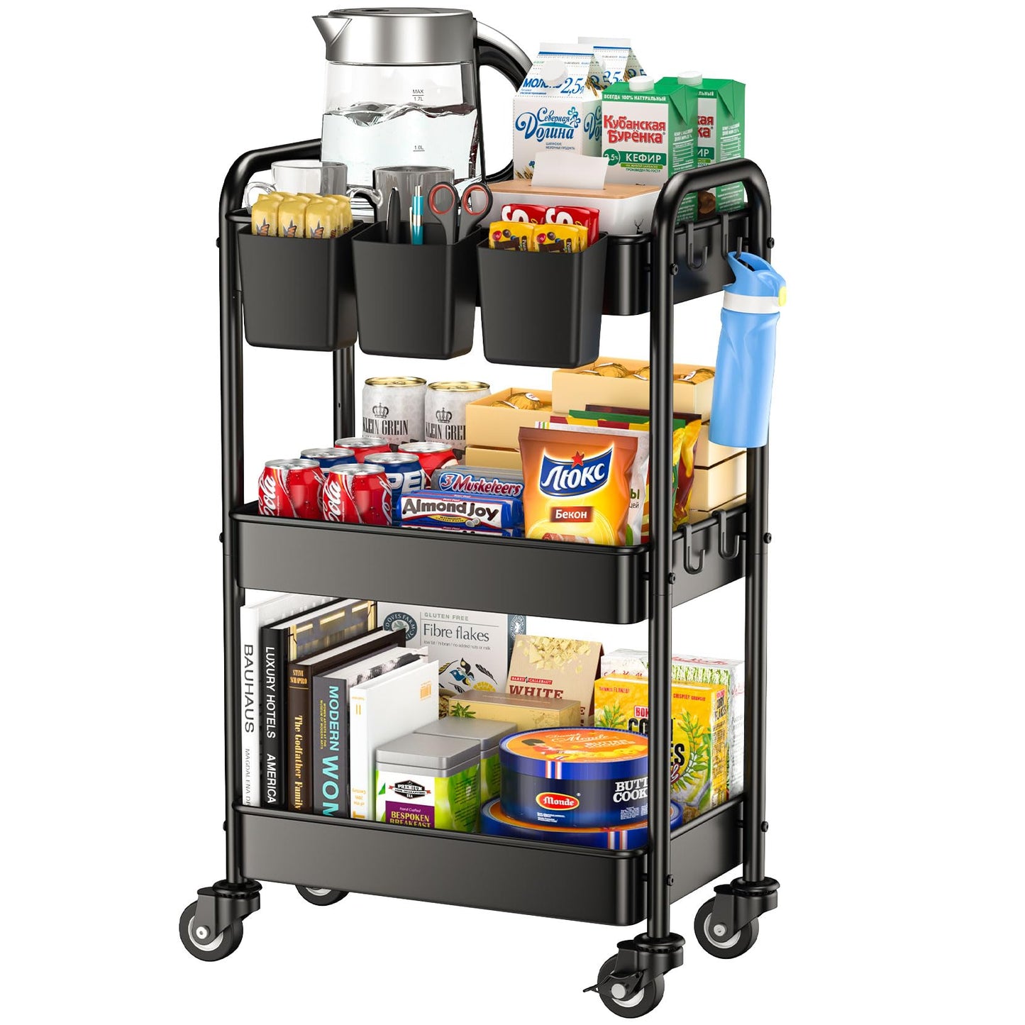 YASONIC 3 Tier Rolling Cart - Metal Utility Cart with 3 Hanging Cups & 4 Hooks, 66LBS Capacity, Mesh Rolling Storage Cart Organizer, Easy Assembly, - WoodArtSupply