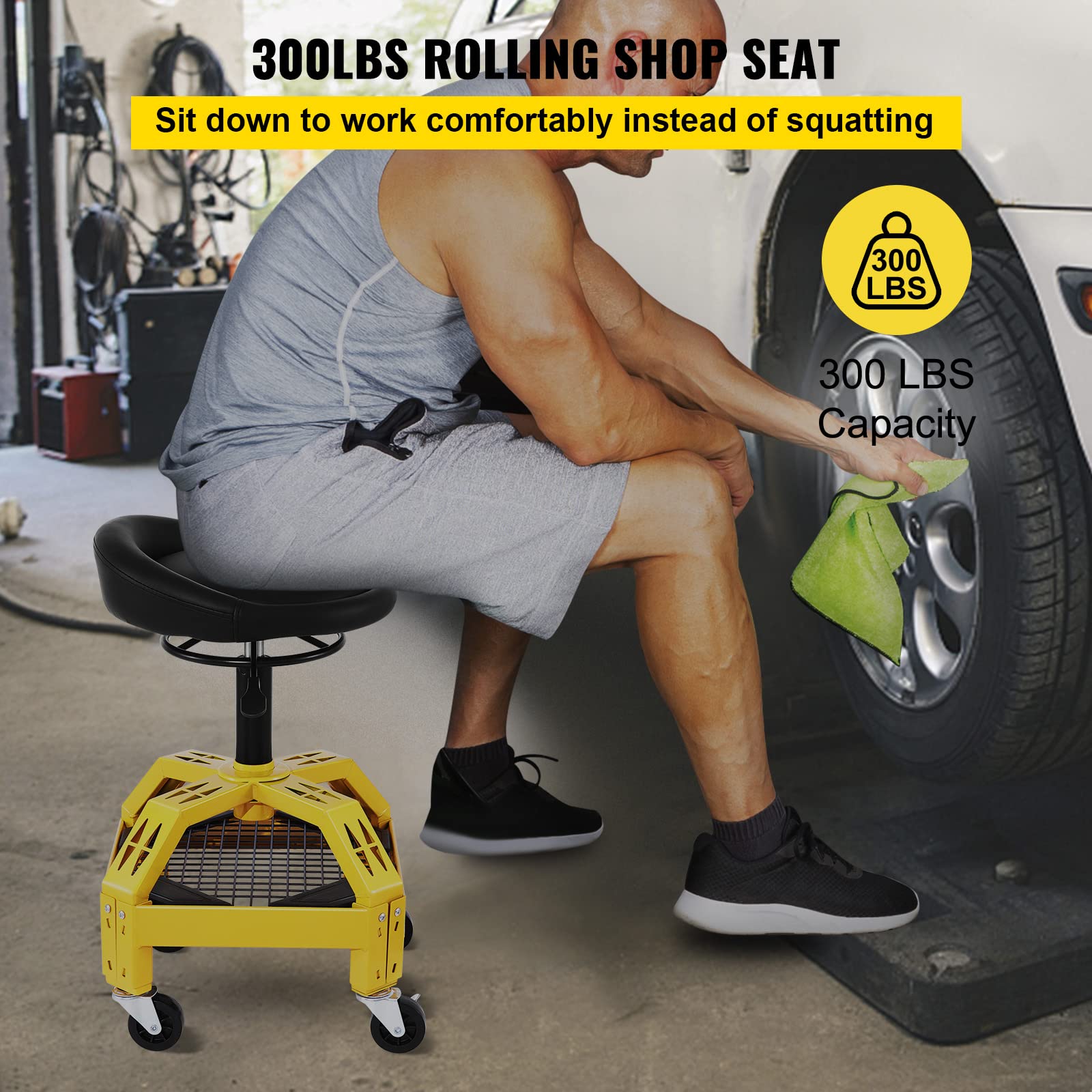 VEVOR Rolling Garage Stool, 300LBS Capacity, Adjustable Height from 24 in to 28.7 in, Mechanic Seat with 360-degree Swivel Wheels and Tool Tray, for - WoodArtSupply