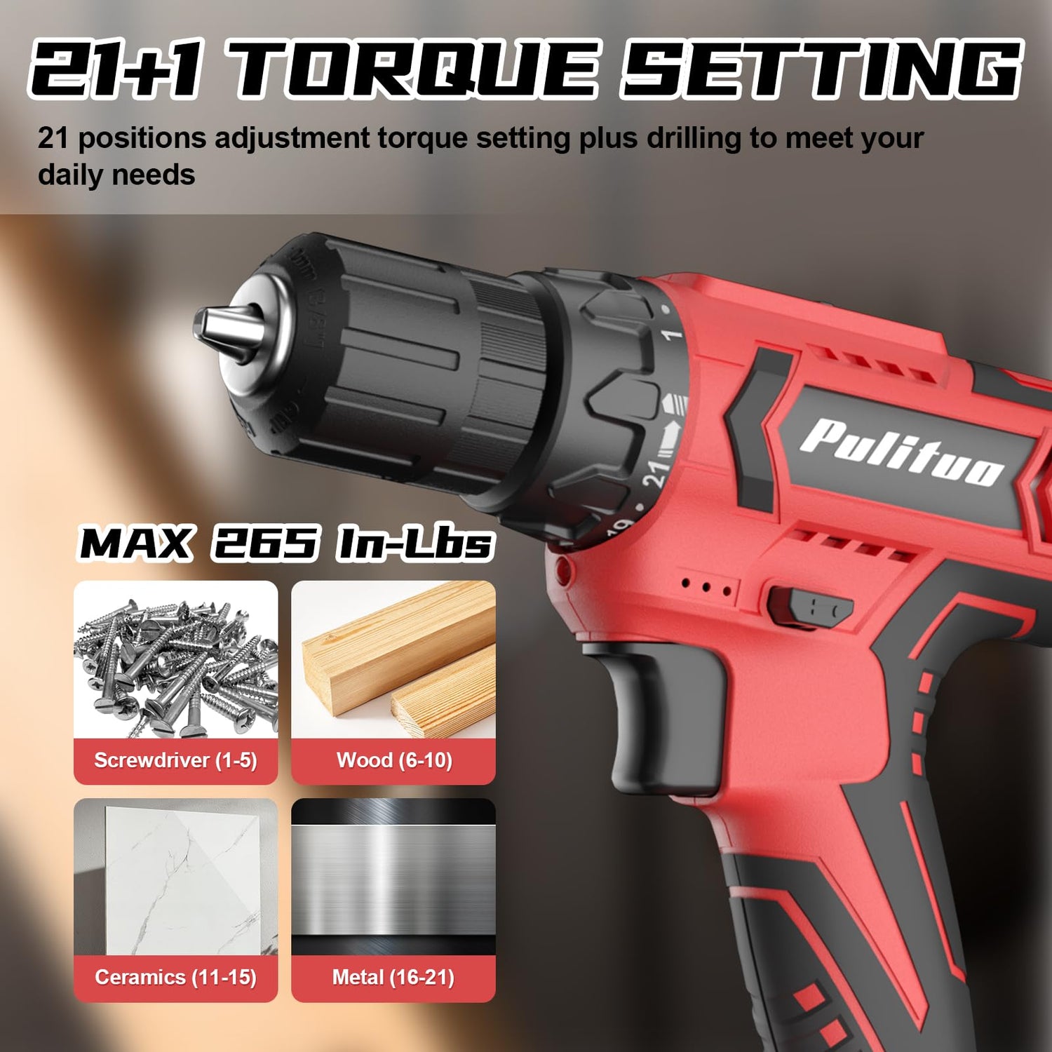 PULITUO Cordless Drill Set, 20V Electric Power Drill with Battery And Charger, Torque 30N, 21+1 Torque Setting, 2 Various Speed, with 43pcs Drill PULITUO