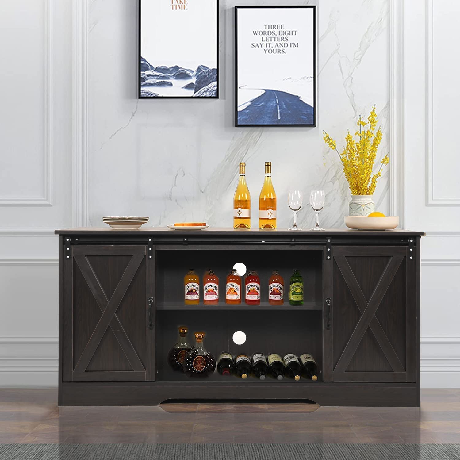 Farmhouse Espresso Coffee Bar Cabinet with Sliding Barn Doors & Ample Storage 4ever2buy