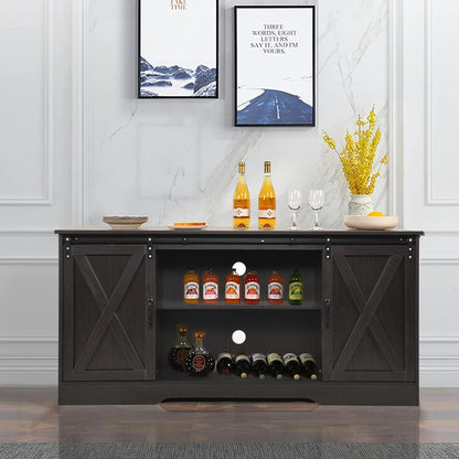 Farmhouse Espresso Coffee Bar Cabinet with Sliding Barn Doors & Ample Storage - WoodArtSupply