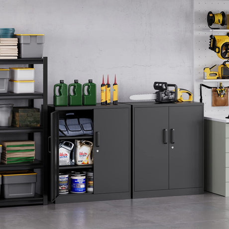 MIIIKO Metal Storage Cabinet with Locking Doors, 2-Door Metal Locker with 2 Shelves, Black Metal Cabinet with Lock for Home Office, Garage, Utility MIIIKO