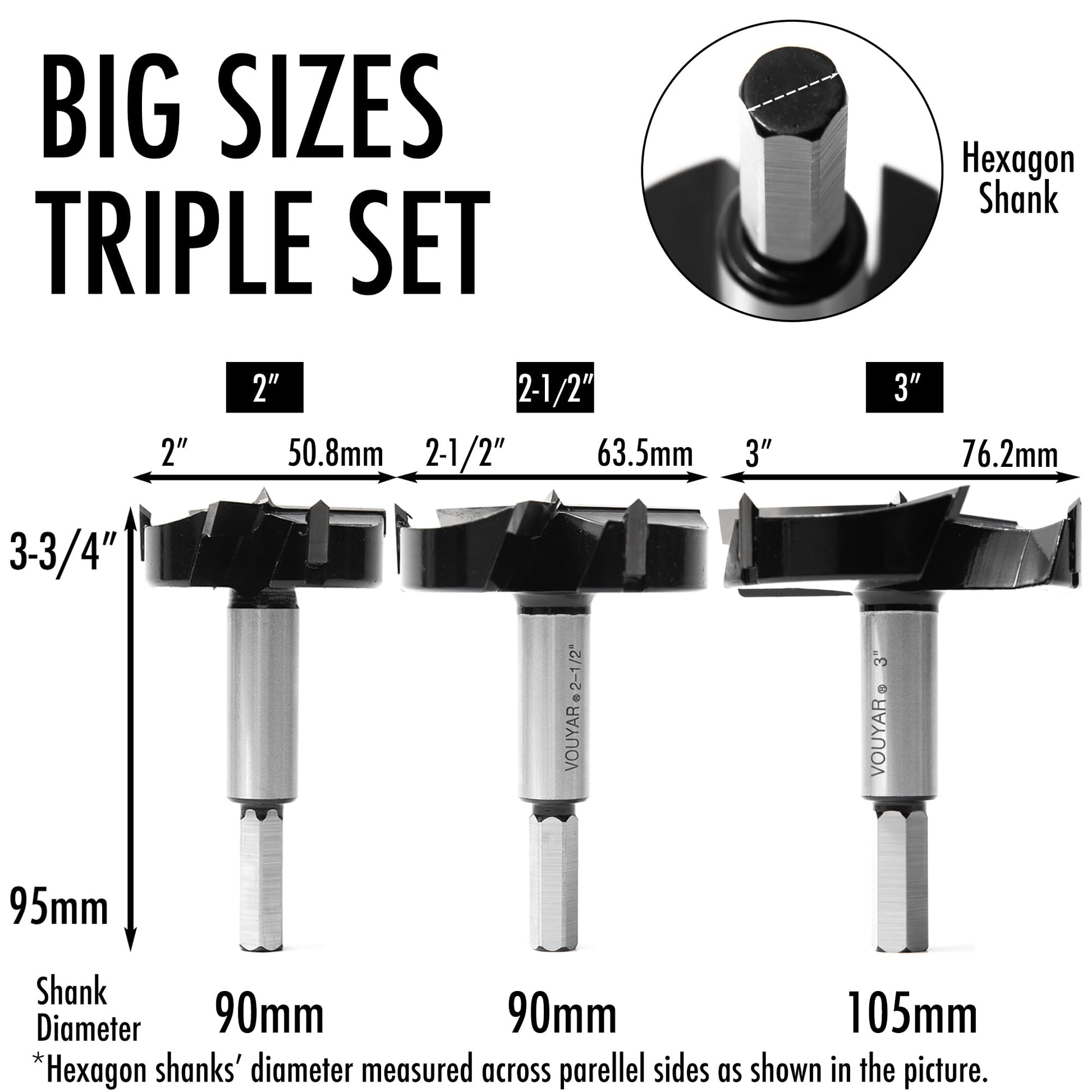 Vouyar Large 3PCS Forstner Drill Bit Set 2",2-1/2",3" Triple-Flute Carbide Tipped Forstner Bit for Hard Wood, Soft Wood, Veneered Plywood, Plastic, - WoodArtSupply