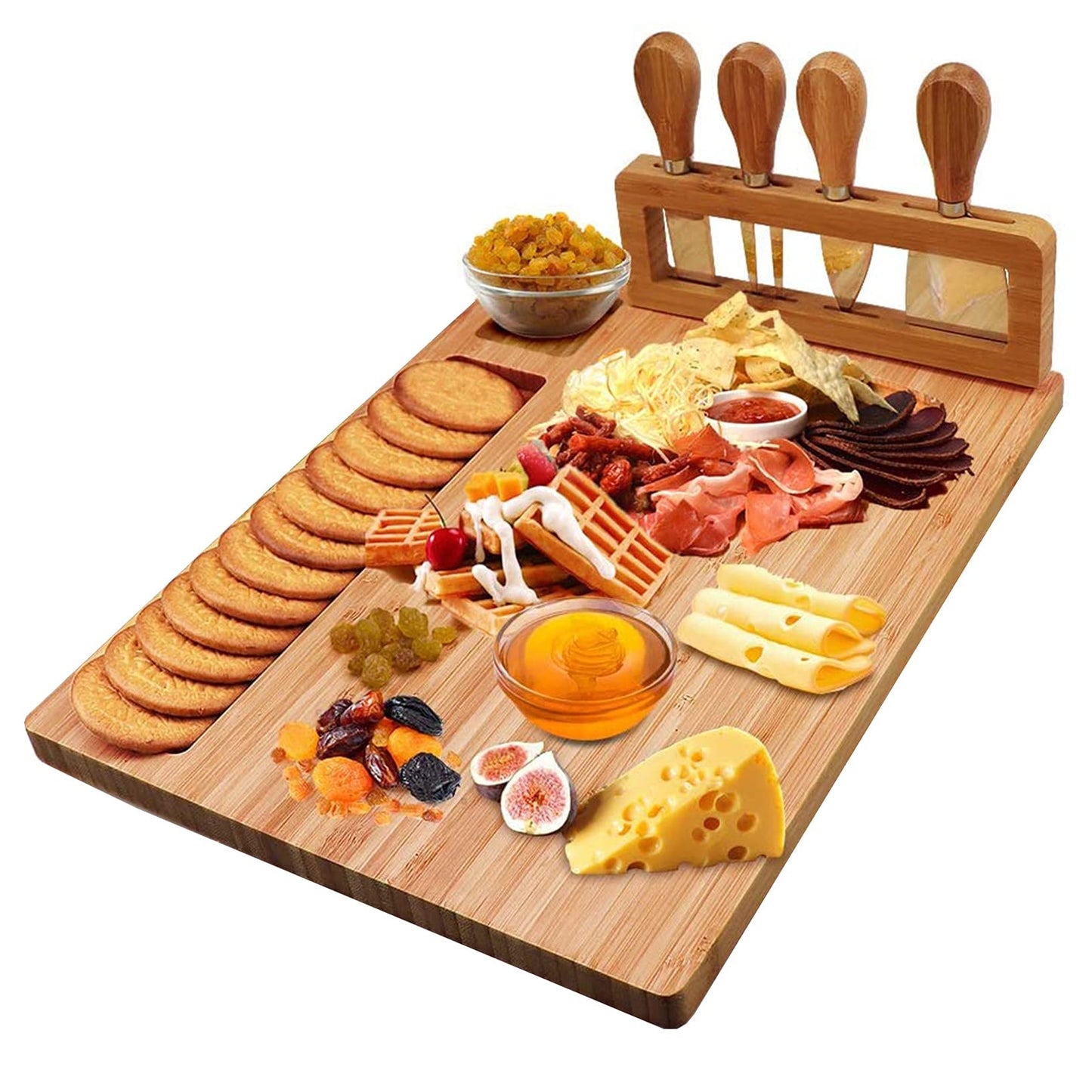 Bamboo Cheese Board Set, Cheese Tray, Charcuterie Board and Serving Meat Platter with 4 Stainless Steel Cheese Knives, Ideal for Wedding Gifts