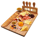 Bamboo Cheese Board Set, Cheese Tray, Charcuterie Board and Serving Meat Platter with 4 Stainless Steel Cheese Knives, Ideal for Wedding Gifts Widousy