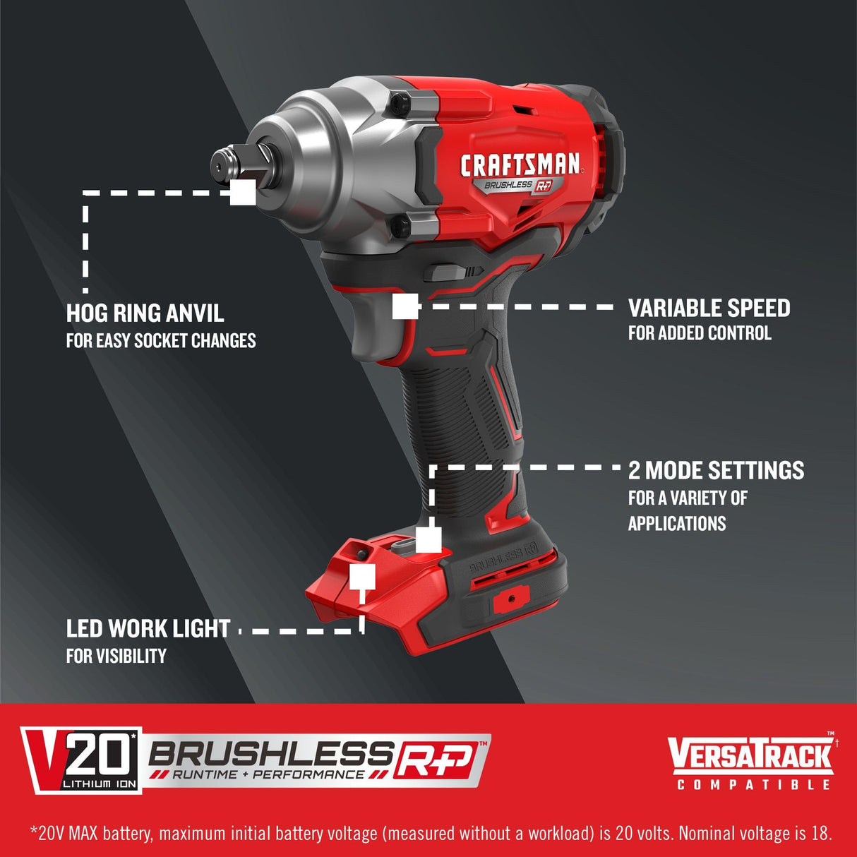 CRAFTSMAN V20 Cordless Impact Driver, 1/2 inch, Bare Tool Only (CMCF921B) Craftsman