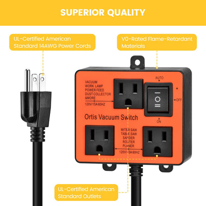 Automatic Vacuum Switch, Ortis Vacuum Switch for More Power Tools, Delay Vacuum On/Off to Prevent Circuit Overload and Tripping, Keep Your Workplace