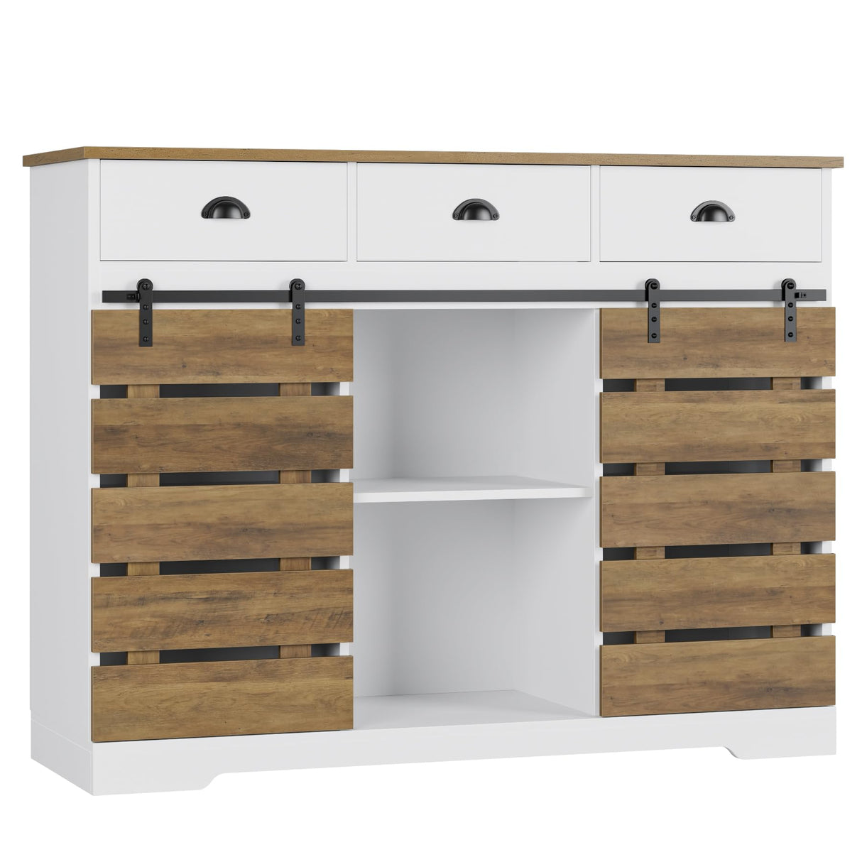 HOSTACK Farmhouse Coffee Bar Cabinet, 47" Kitchen Buffet Cabinet with Storage, Barn Doors Sideboard Storage Cabinet, Wood Buffet Sideboard with HOSTACK