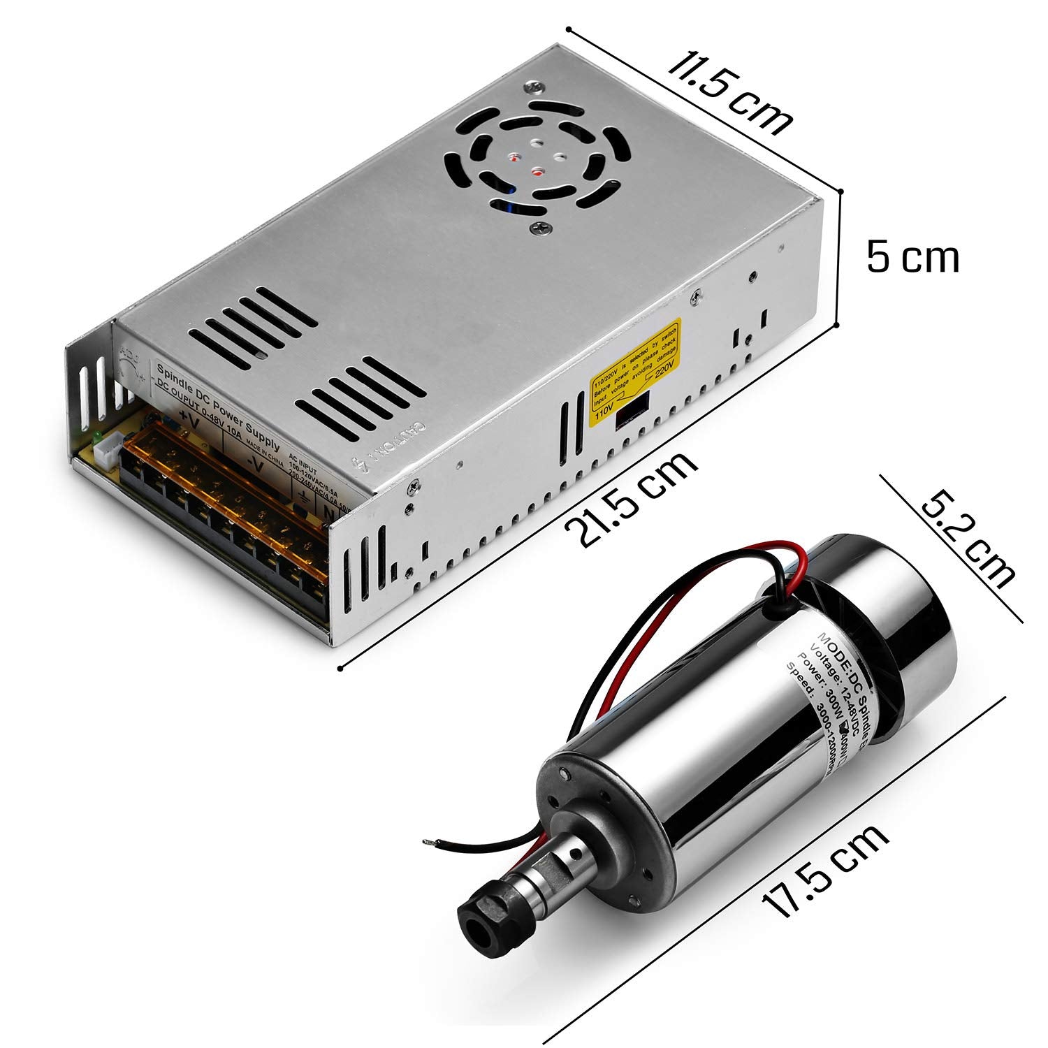 Genmitsu Air-Cooled 300W Brush DC Spindle Motor with 0-48V Output Adjustable Switching Power Supply, 52mm Clamp & ER11 Collet, ideal for CNC - WoodArtSupply