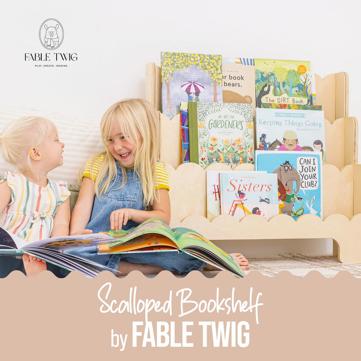 Fable Twig Scalloped Edge Wooden Kids Bookshelf - 3-Tier Montessori Book Organizer for Playroom and Nursery Fable Twig