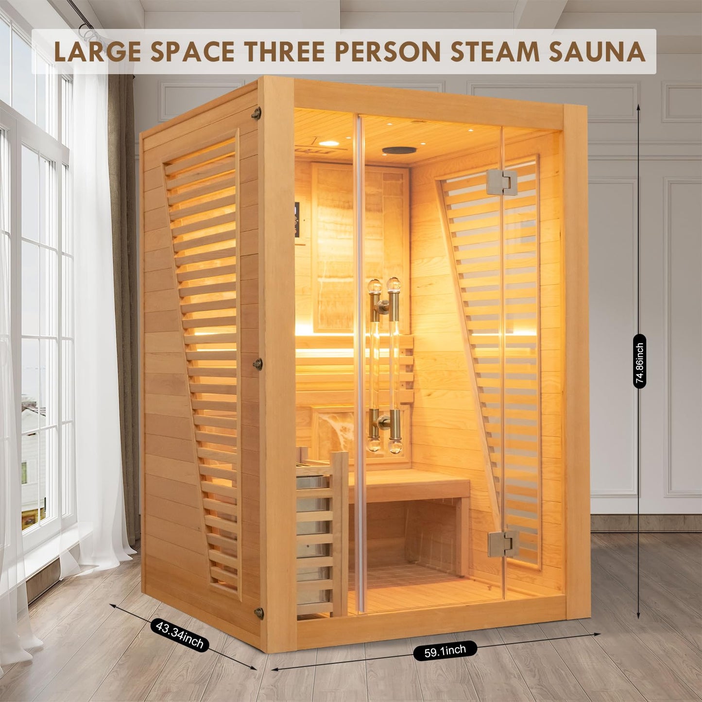 Smartmak Wood Home Steam Sauna, 2 or 3 Person Canadian Hemlock Traditional Luxurious Wooden Indoor Spa Room, with 4.5 kw Heater, Bluetooth Speaker,