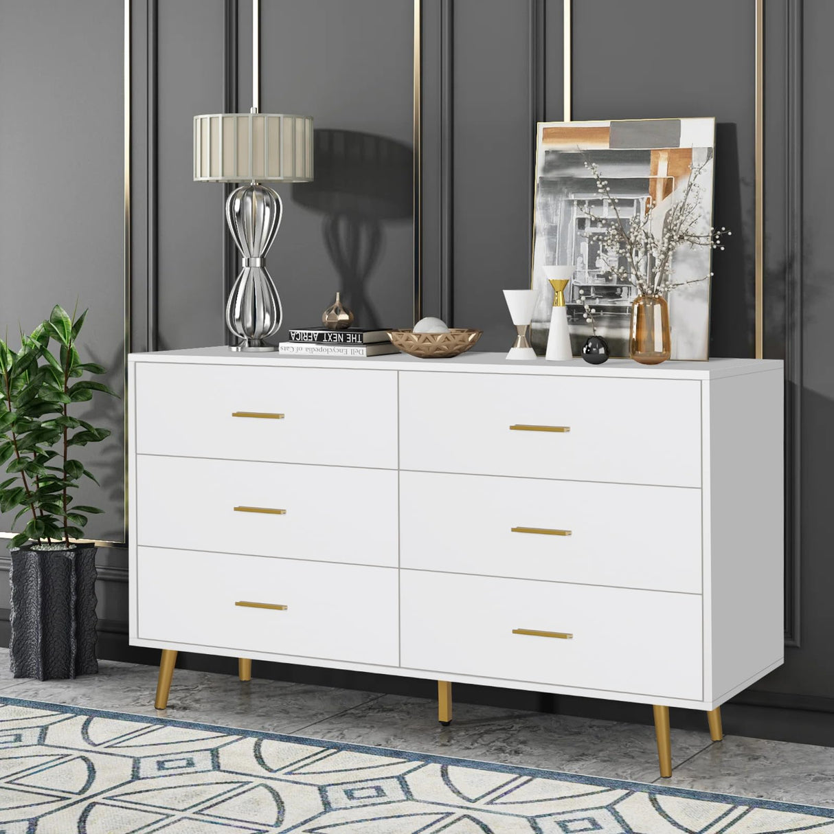 Polar Aurora Wood Dresser for Bedroom,Wood Mid Century Modern Chests of Drawer,6 Drawer Double Dresser with Metal Handles for Bedroom, Hallway, Polar Aurora