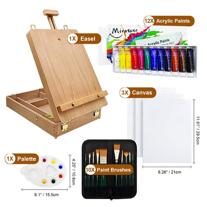 Deluxe Art Supplies 27 Pieces Art Set with Tabletop Easel, 12 Colors Acrylic Paint, 10 Paint Brushes, 3 Canvas Panels, Palettes - WoodArtSupply