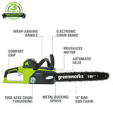 Greenworks 40V 16" Brushless Cordless Chainsaw (Great For Tree Felling, Limbing, Pruning, and Firewood / 75+ Compatible Tools), 4.0Ah Battery and Greenworks