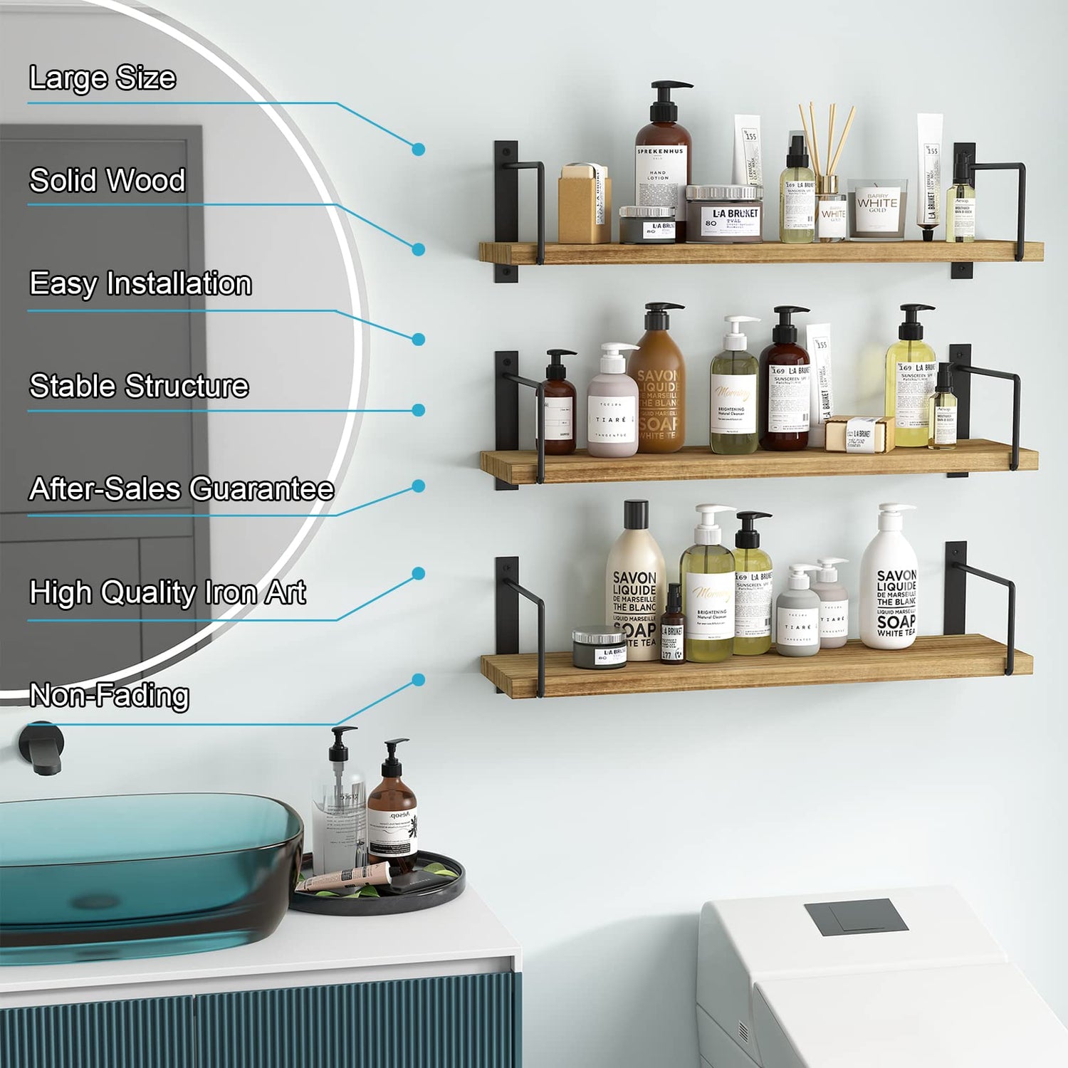 EALLRINEC Floating Shelves, 24 Inches Easy to Install Wall Mounted Shelves, Wall Shelves Set of 3, Rustic Wood Shelves for Wall Décor, Storage EALLRINEC