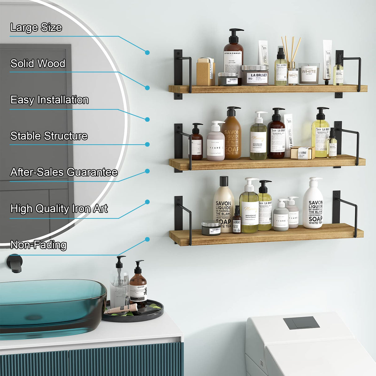 EALLRINEC Floating Shelves, 24 Inches Easy to Install Wall Mounted Shelves, Wall Shelves Set of 3, Rustic Wood Shelves for Wall Décor, Storage EALLRINEC