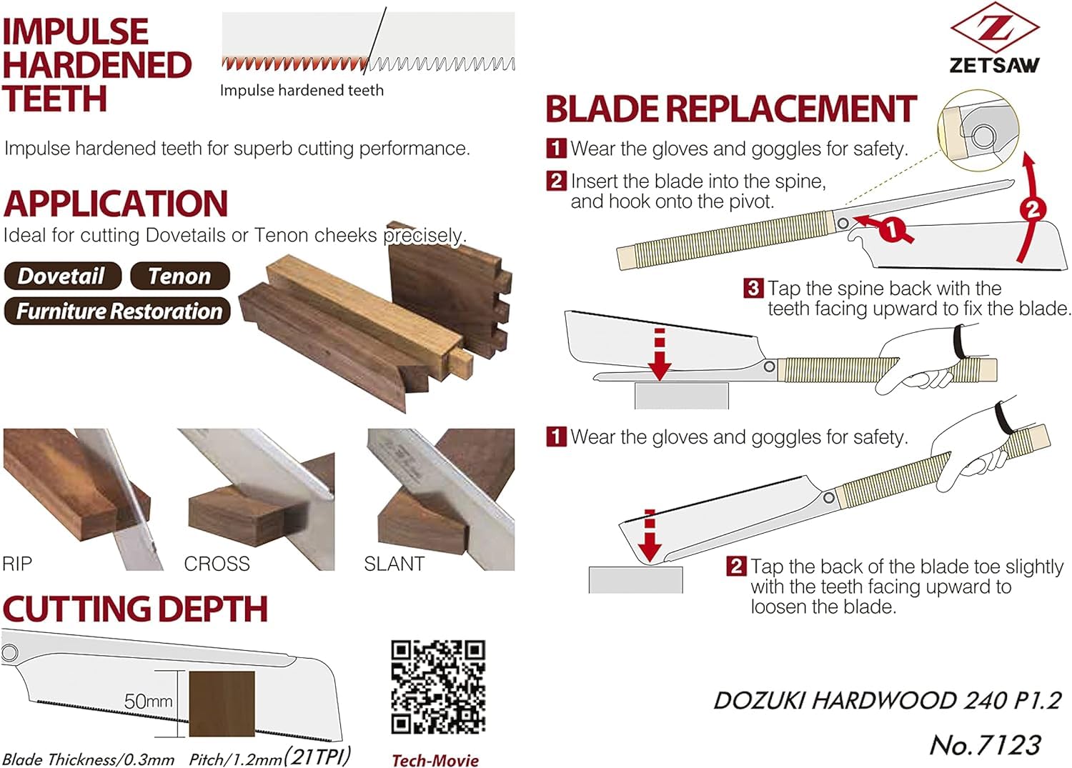 Z-saw DOZUKI HARDWOOD Japanese Hand Saw Replacement Blade (DOZUKI HARDWOOD 240 Blade) Z-saw