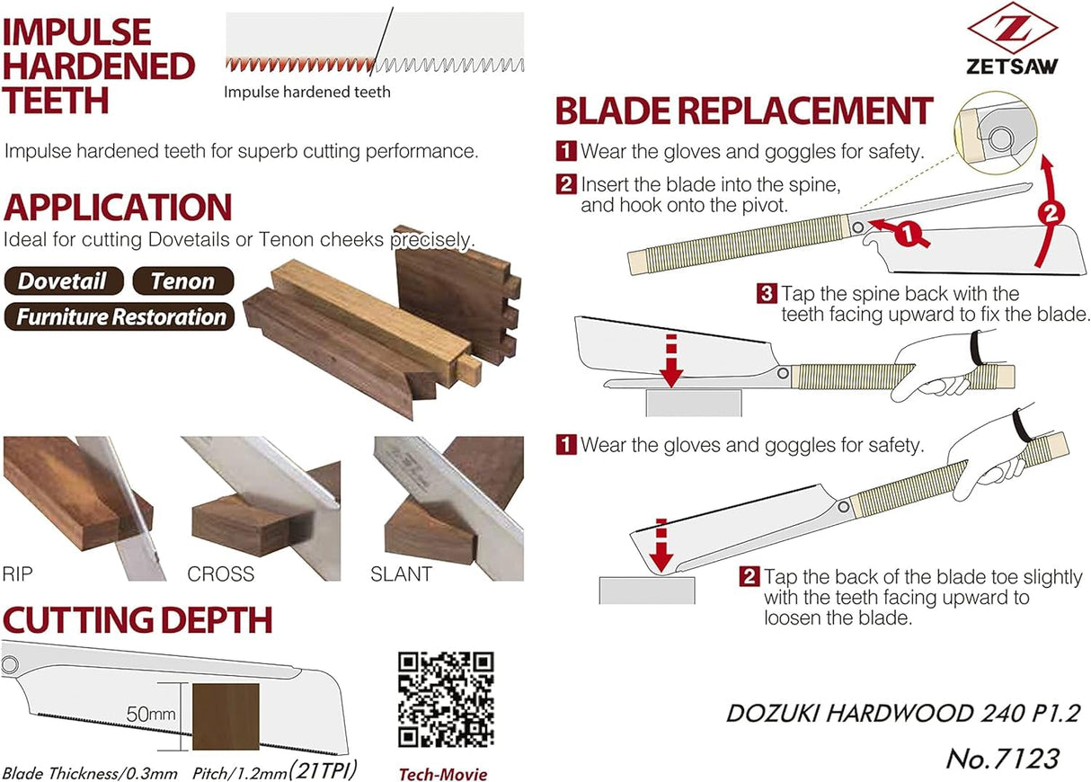 Z-saw DOZUKI HARDWOOD Japanese Hand Saw Replacement Blade (DOZUKI HARDWOOD 240 Blade) Z-saw