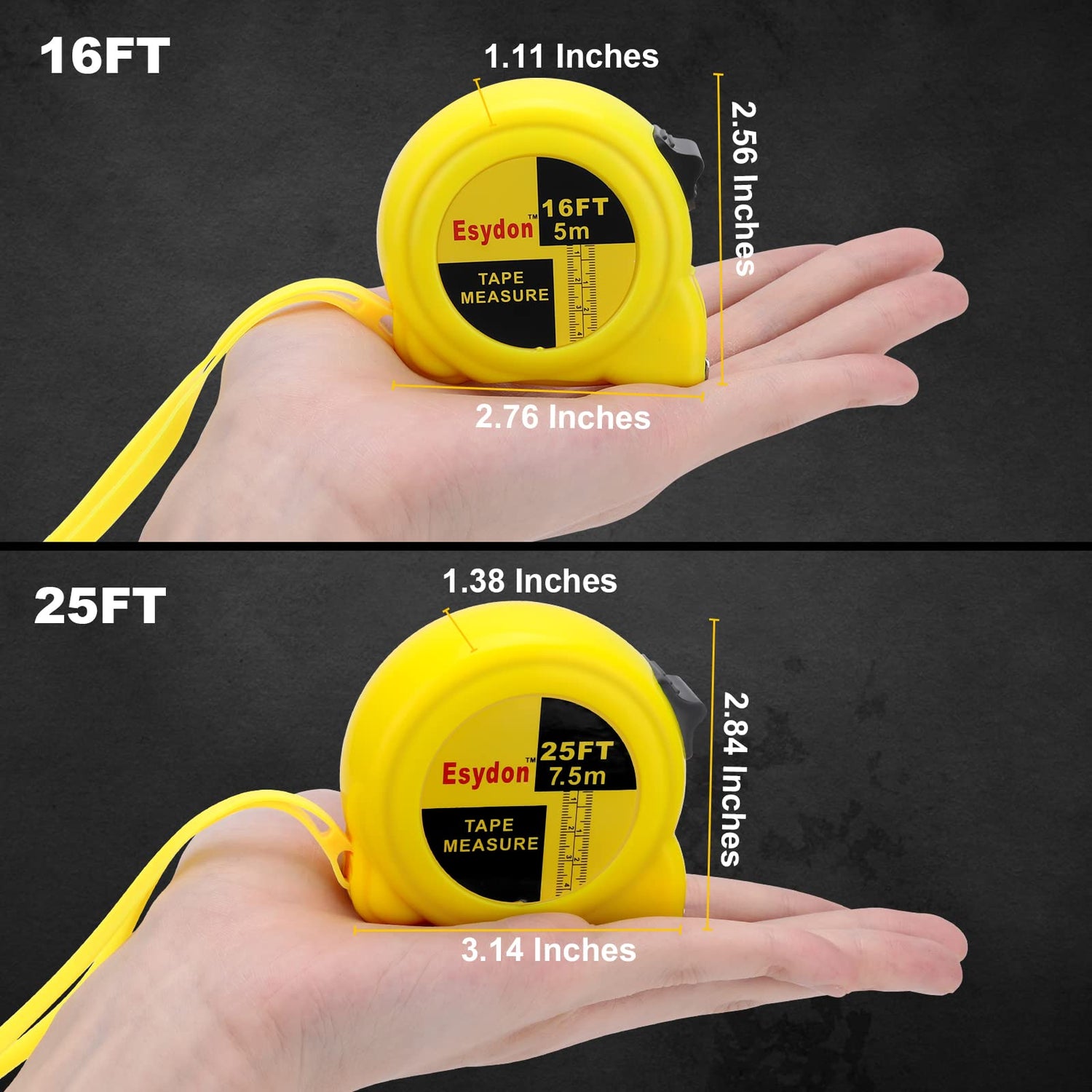 2 Packs Tape Measure 25 ft /16 ft, Esydon Measuring Tape Retractable, Self-Locking Tape Measurer, Easy Read Imperial/Metric Scale Measurement Tape Esydon