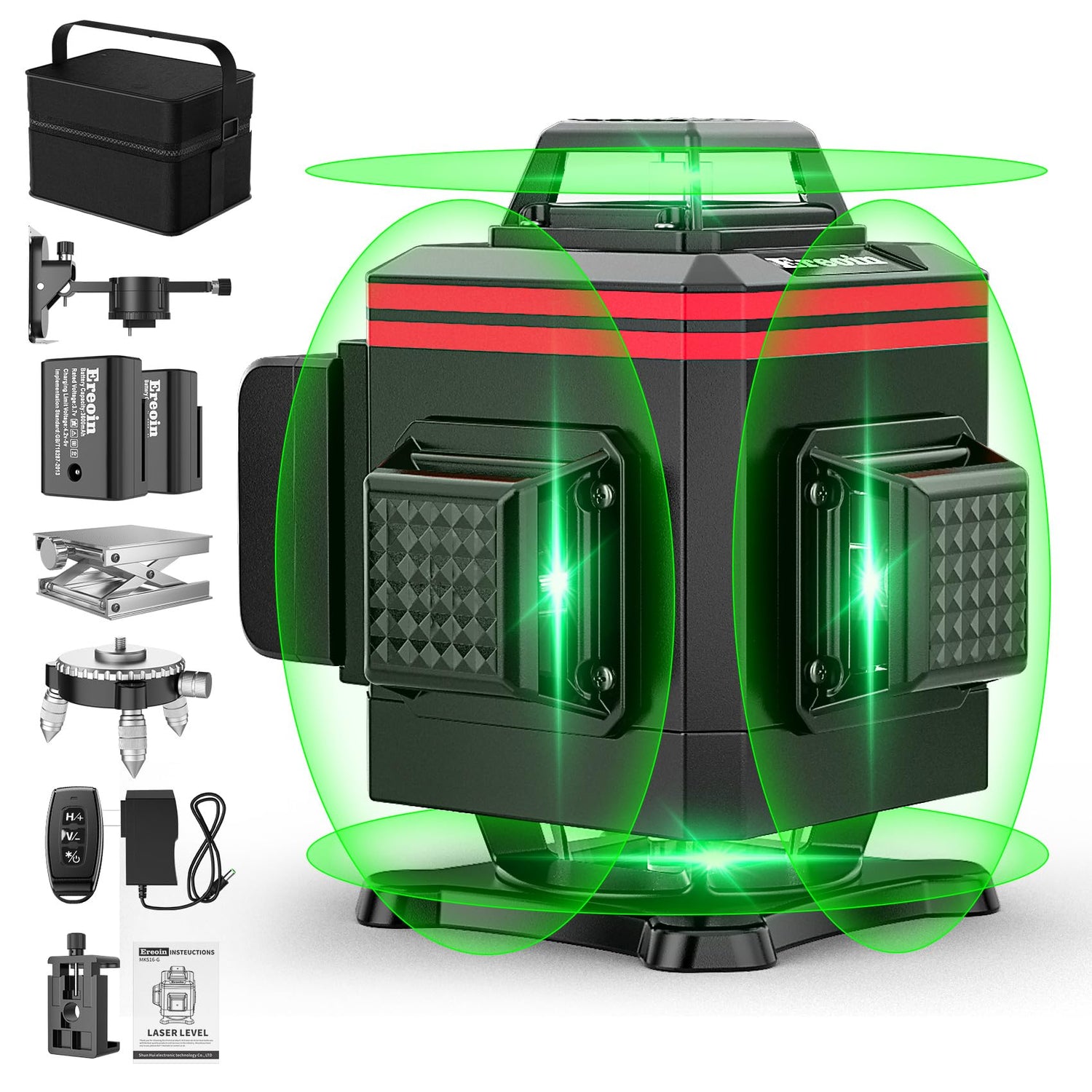 16 Lines Laser Level 4x360° Self Leveling Green Laser Level， 4D Green Cross Line for Construction and Picture Hanging，Laser measurement calibration Ereoin