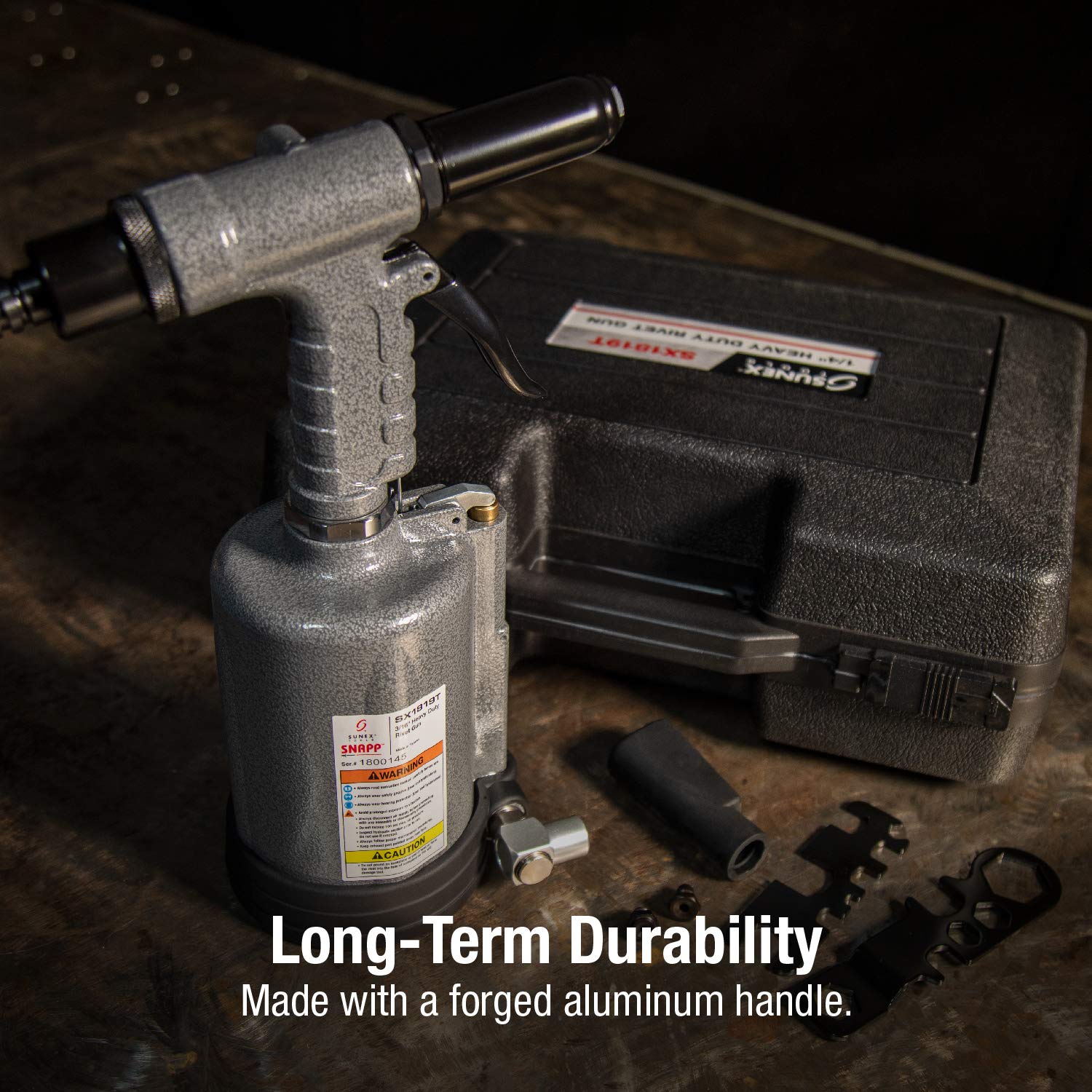 SUNEX TOOLS SX1819T, Heavy Duty Rivet Gun, Sets 3/16” and ¼” Rivets, 3690 lbs Traction Power, Nose Pieces Included, Forged Aluminum Handle, Storage Sunex Tools