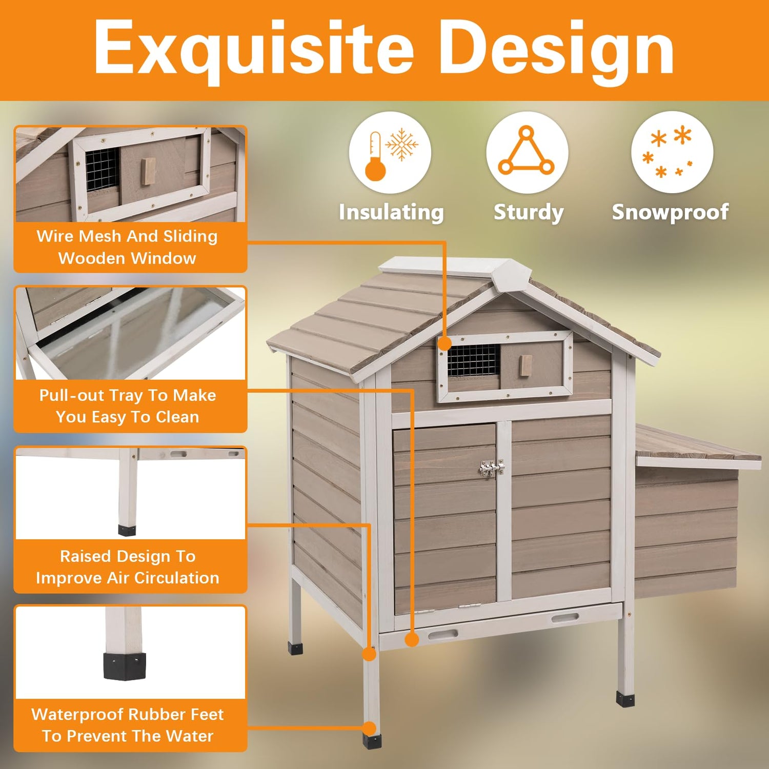 Gowoodhut Chicken Coop Rabbit Hutch with Removable Trays,Raised Floor Hen House with Nesting Box，Wooden Outdoor Poultry Cage Pet House with Ramp Run Gowoodhut
