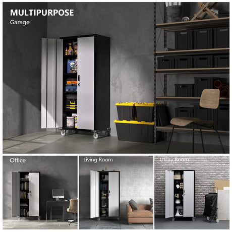 VINGLI 72'' Tall Garage Storage Cabinet, Metal Storage Cabinet with Wheels, Locking Doors and Adjustable Shelves (Black & Silver, 32''W x 16''D x VINGLI