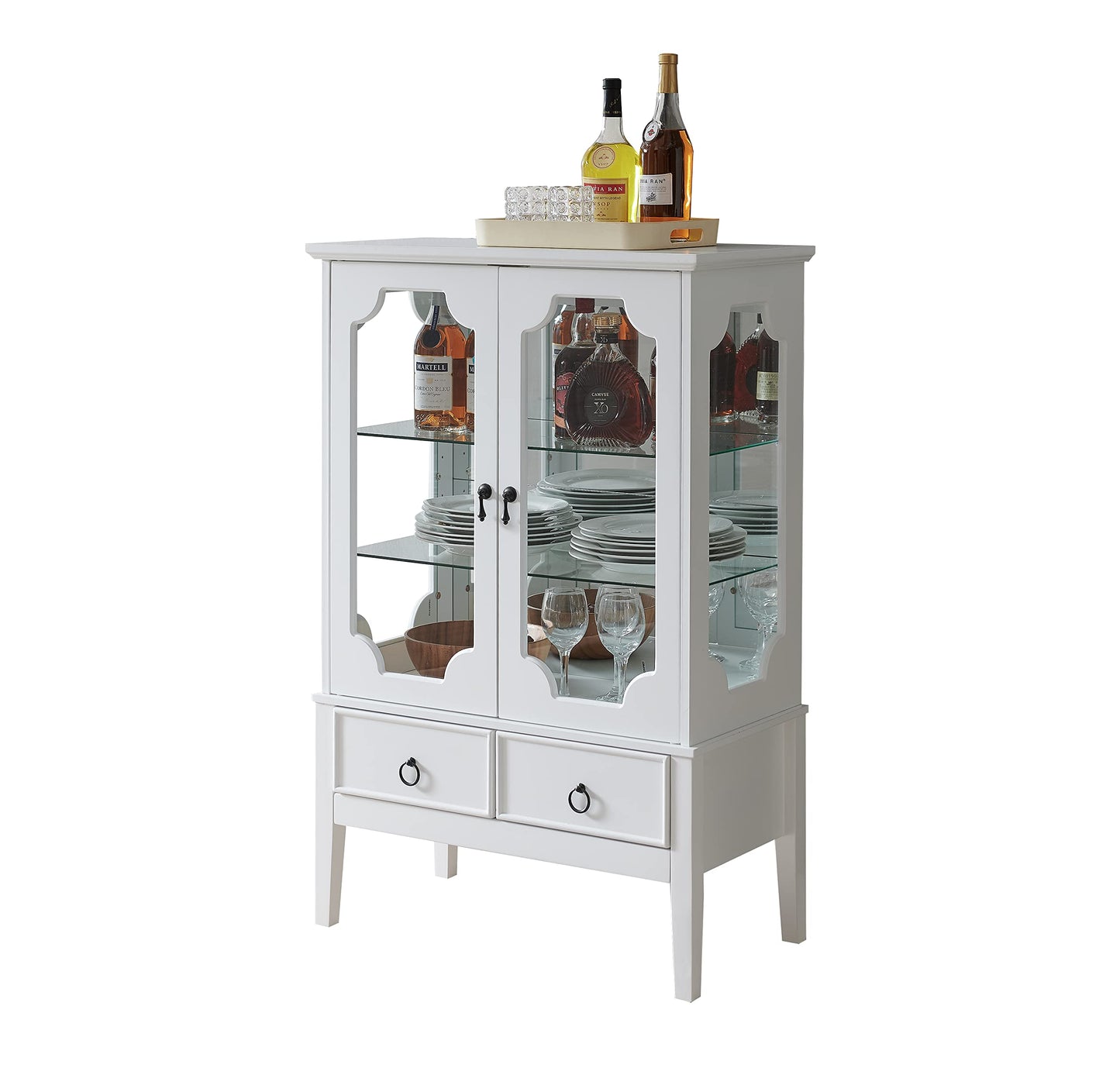 Kings Brand Furniture - Versailles Curio Display Storage Accent Cabinet with Glass Shelves (White) - WoodArtSupply