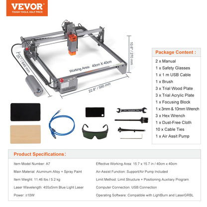 VEVOR, 10W Output Engraving Machine, 15.7" x 15.7" Large Working Area 10000mm/min Movement Speed, Compressed Spot with Eye Protection, Laser Cutter