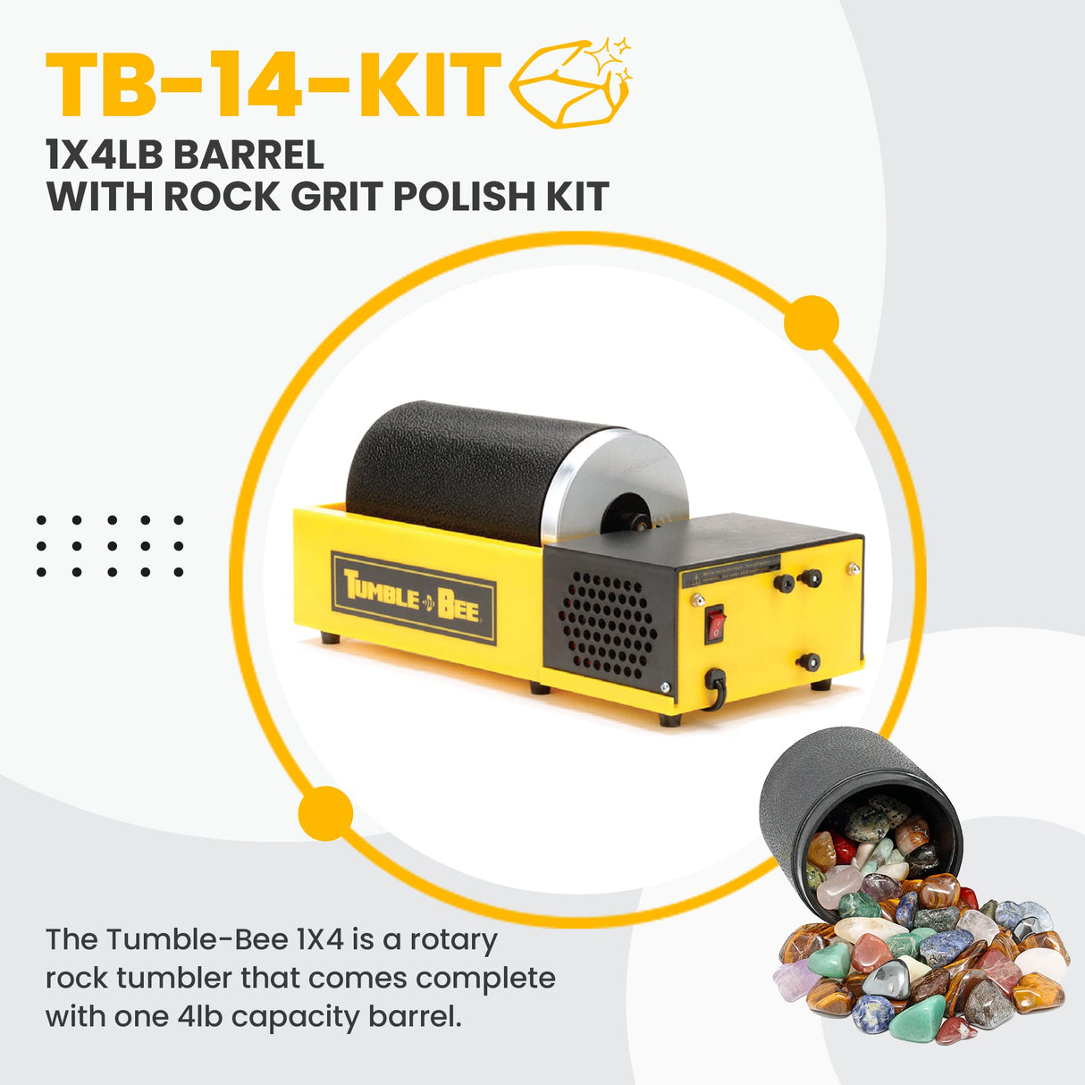 Tumble-Bee Rotary Rock Tumbler with Rock Grit Polish Kit - Rock Polisher Machine, Tumbling Equipment for Stone, Glass, and Metal Collection, Tumble-Bee