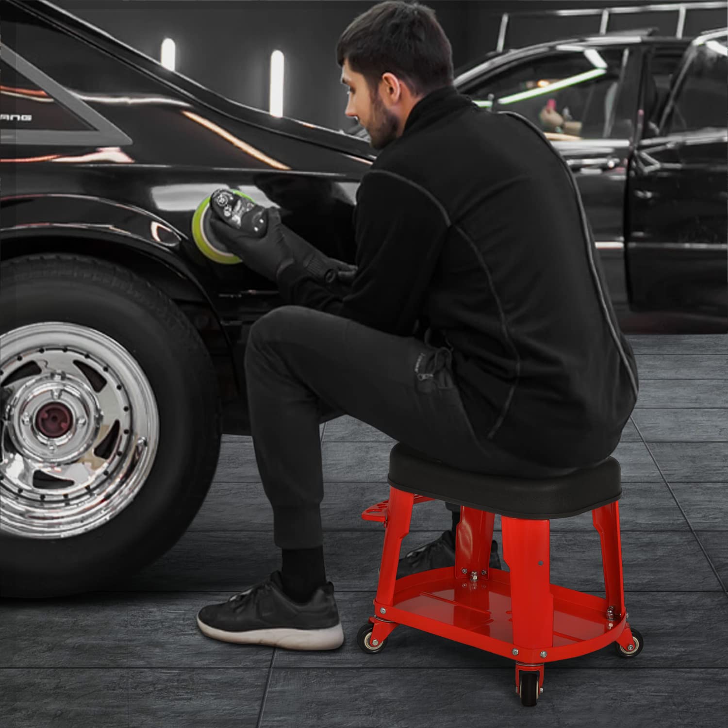 M-AUTO Heavy Duty Garage Rolling Work Seat 300LBS Capacity Mechanics Stool with Wheels, Rolling Work Seat with Equipment Tray and Tool Rack, - WoodArtSupply