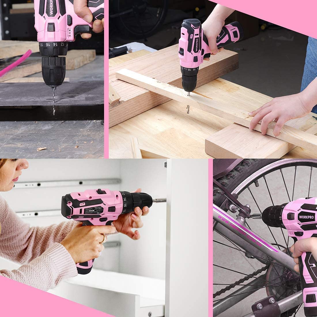 WORKPRO Pink Cordless Drill Driver Set, 12V Electric Screwdriver Driver Tool Kit, 3/8" Keyless Chuck, Charger and Storage Bag Included - Pink Ribbon