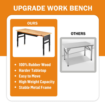 Betterhood 60" Heavy-Duty Adjustable Workbench for Garage, Rubber Wood Shop Table W/Double Pegboards & Drawer,Hardwood Workstation Weight Capacity - WoodArtSupply