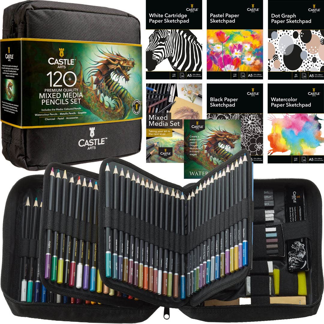 Castle Art Supplies 120+ Piece Mixed Media Art Pencil Collection - Colored, Watercolor, Pastel, Metallic, Graphite, Charcoal | Creative Freedom for - WoodArtSupply