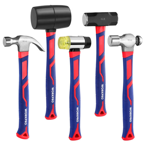 WORKPRO 5-Piece Hammer Set, Forged & Polished Steel Head, Fiberglass Handle, 32oz Rubber Mallet | 16oz Claw Hammer | 3lb Sledge Hammer | 16oz Ball WORKPRO