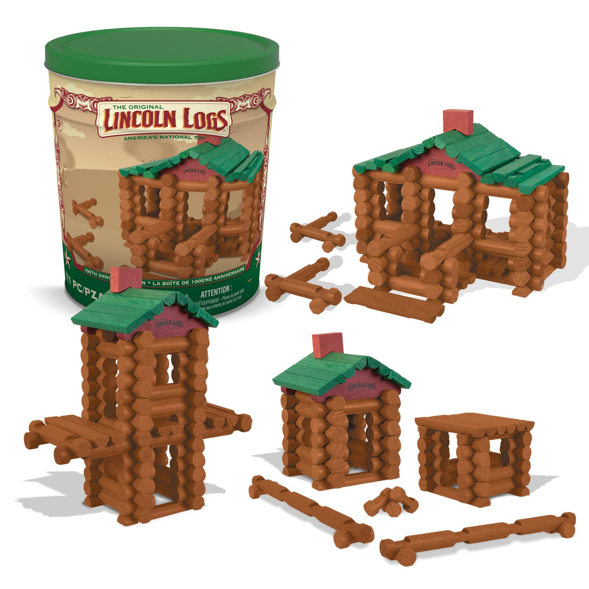 Lincoln Logs – 100th Anniversary Tin, 111 Pieces, Real Wood Logs - Ages 3+ - Best Retro Building Gift Set For Boys/Girls - Creative Construction Lincoln Logs