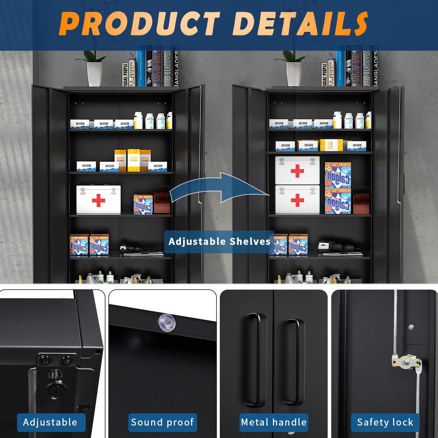 Yizosh Metal Storage Cabinet with Lock - 72" Garage Storage Cabinet with 2 Locking Doors and 5 Adjustable Shelves, Black Steel Lockable File Cabinet