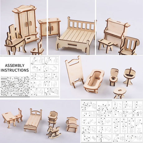 3D Wooden Dollhouse Furniture Puzzle DIY House Room Miniature Furniture Sets Puzzle Gift for Kids,House DIY Accessories and Furniture ROEOLNIL