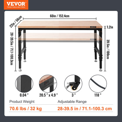 VEVOR Adjustable Workbench, 60" L x 22" W, 28"-39.5" Heights, 2000 lbs Load Capacity, Garage Worktable with Universal Wheels, Power Outlets & - WoodArtSupply