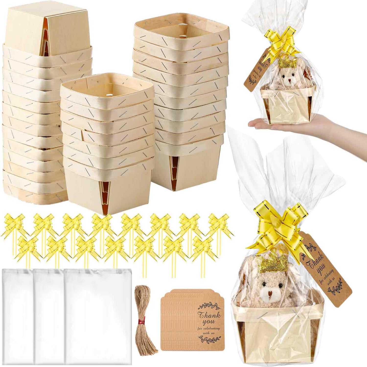 Pinkunn 30 Set Wooden Gift Baskets 4 x 4 x 2.5 Wood Basket DIY Square Wood Gift Boxes with Plastic Paper Thank You Cards and Pull Bows for Christmas Pinkunn