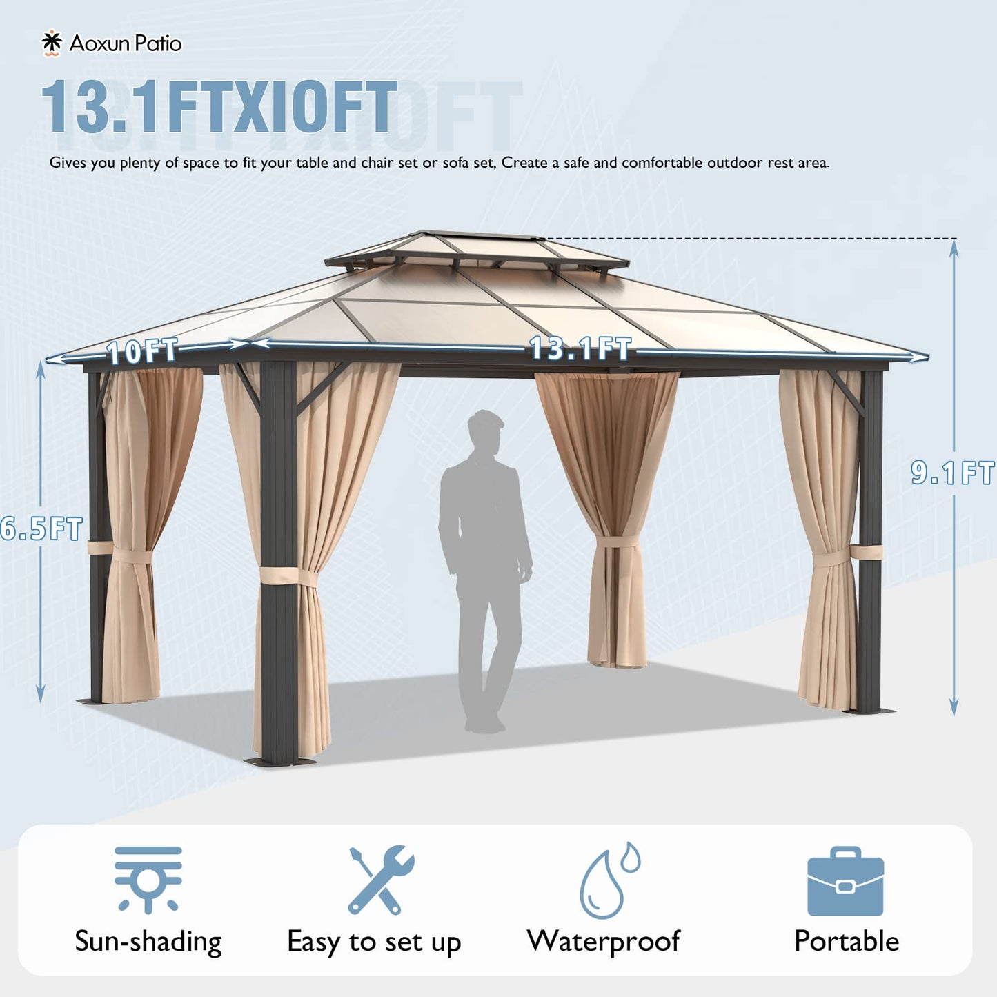 Aoxun 10'x13' Hardtop Gazebo, Aluminum Frame Permanent Pavilion with Curtains and Netting, Outdoor Polycarbonate Gazebo, Double Roof Canopy, for