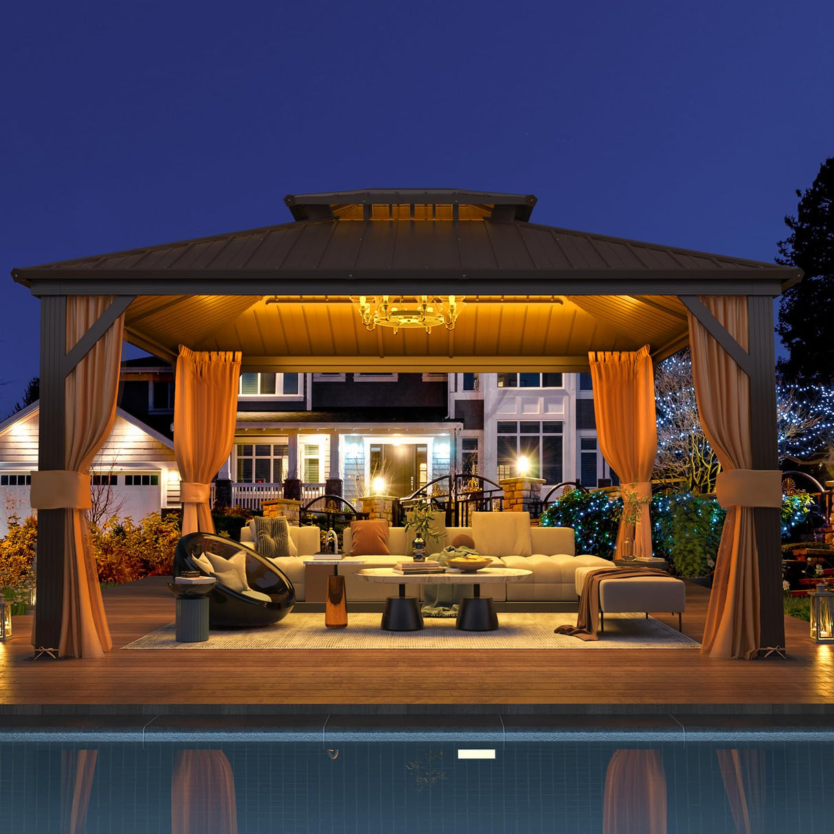 EROMMY 12'x 14' Hardtop Gazebo, Galvanized Steel Double Roof Metal Gazebo with Aluminum Frame, Permanent Outdoor Pavilion with Curtain and Netting EROMMY