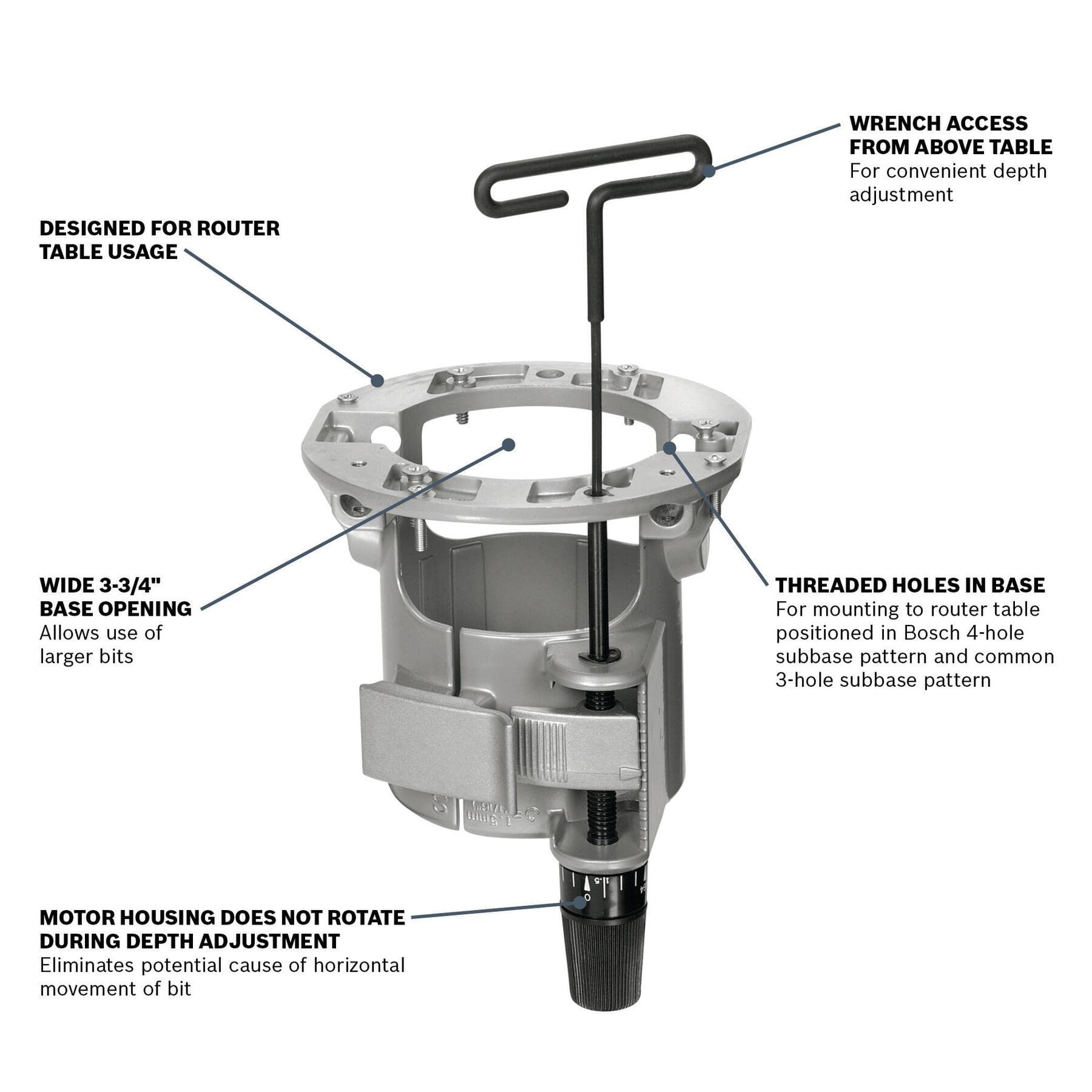 BOSCH RA1165 Under-Table Router Base with Above-Table Hex Key,Silver - WoodArtSupply
